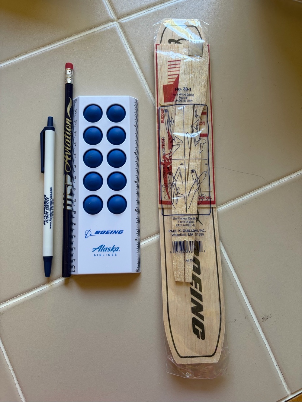 Mini Bundle: Alaska Airlines pen, pencil, ruler/fidget & Boeing wooden plane